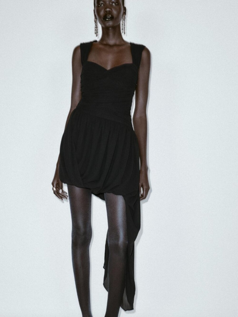 ZARA Draped Mini Dress Black NWT Size S V-Neck Bubble Hem Party Cocktail